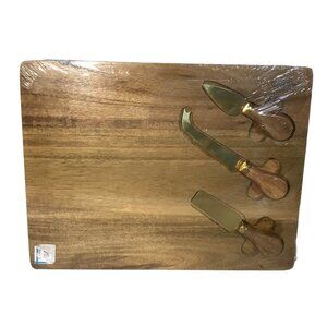 Acacia Wood Cheese Board Charcuterie Board 3 Stainless Steel Knives Gold Tone